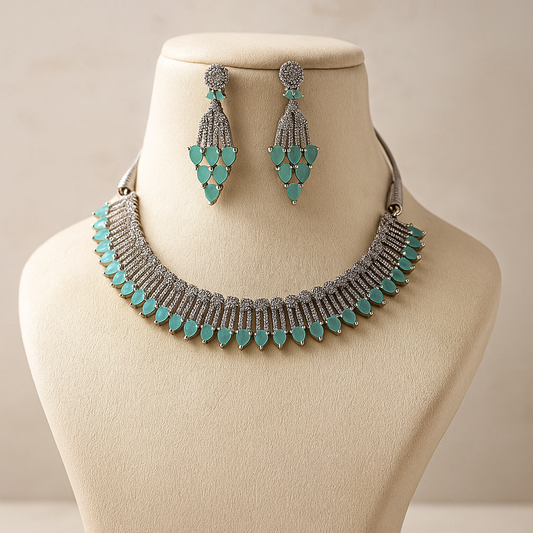 Crystal Necklace and Earring Set, Turquoise Blue Teardrop Stones