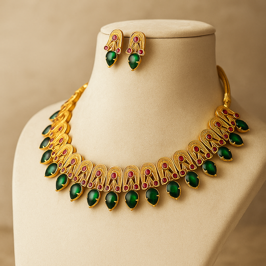 Elegant Gold-Plated Necklace Set with Green Emerald and Purple Crystal Stones