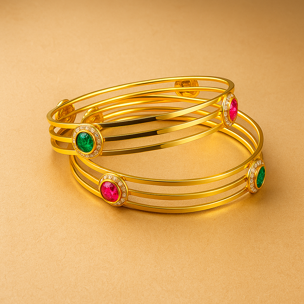 Gold-Plated Bangle Set with Ruby and Emerald Crystal Stones