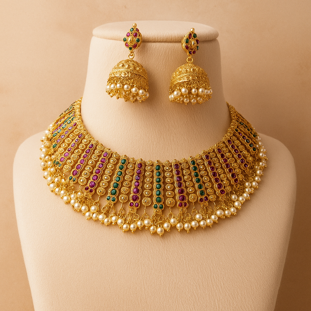 Traditional Gold-Plated Choker Necklace Set with Pearl and Multi-Colour Stones, Jhumka Earrings