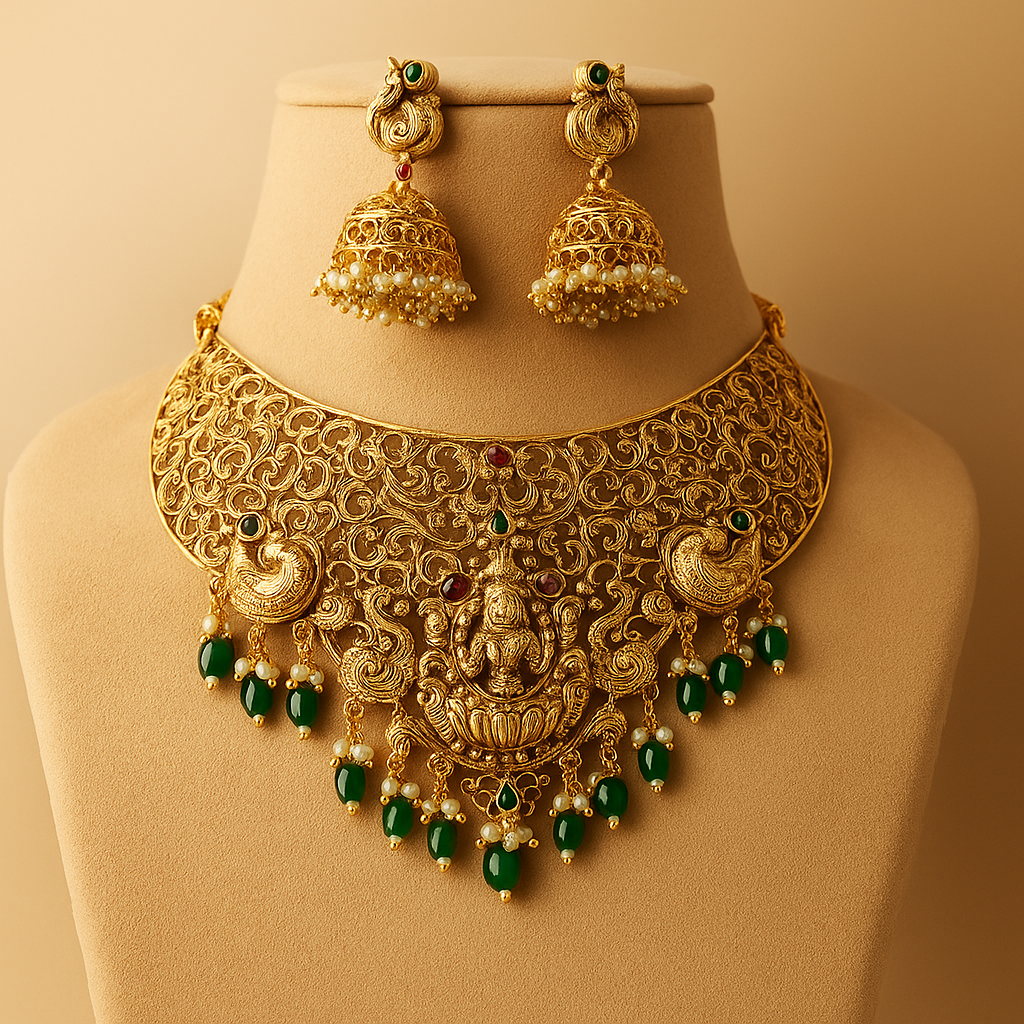 Antique Gold Choker Necklace Set for Women | Temple Jewellery with Green Beads