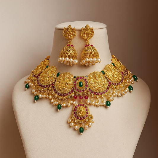 Traditional Gold-Plated Temple Necklace Set with Pearl and Emerald Drops