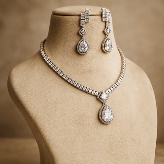 Crystal Teardrop Necklace and Earrings Set, Silver-Toned Jewellery with Cubic Zirconia