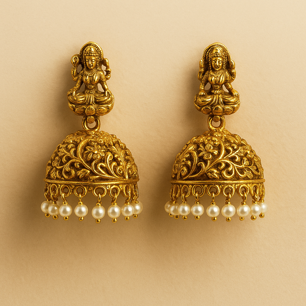 Traditional Gold-Plated Jhumka Earrings with Pearl Drops, Antique Finish