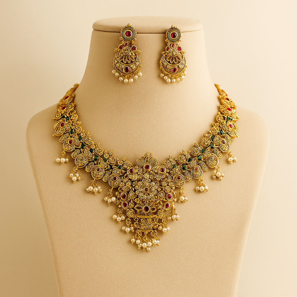 Traditional Temple Jewellery Necklace Set for Women | Antique Bridal Design with Pearls