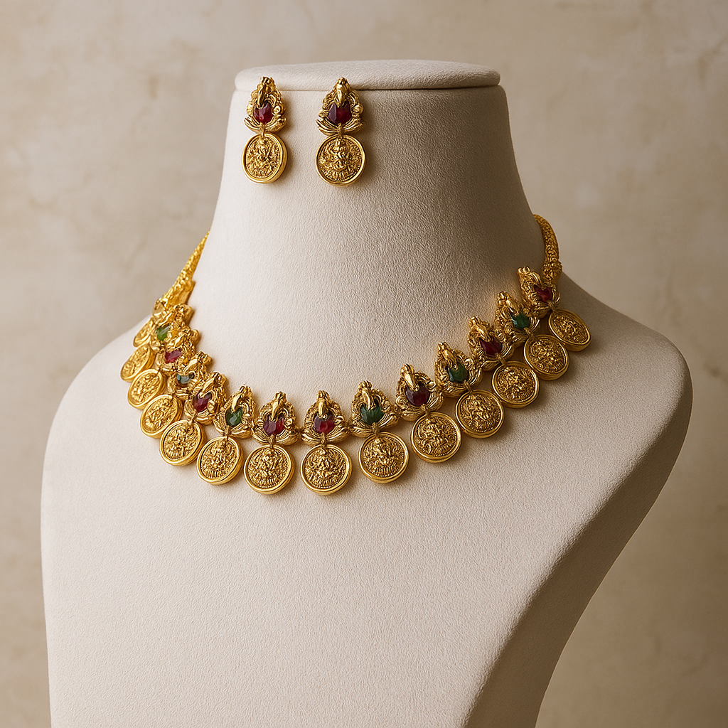 Traditional Temple Coin Necklace Set with Earrings, Gold-Plated, Ruby and Emerald Accents