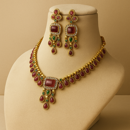 Traditional Gold-Plated Necklace Set with Ruby Red and Emerald Green Stones