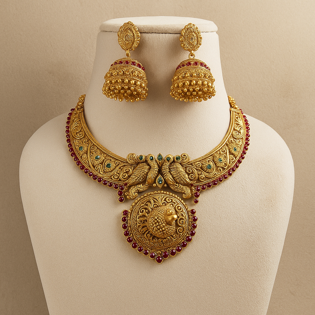 Traditional Gold-Plated Peacock Design Necklace Set with Jhumka Earrings, Ruby and Emerald Stones