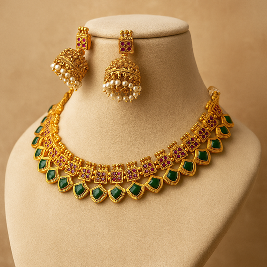 Traditional Gold-Plated Necklace Set with Green Emerald Stones