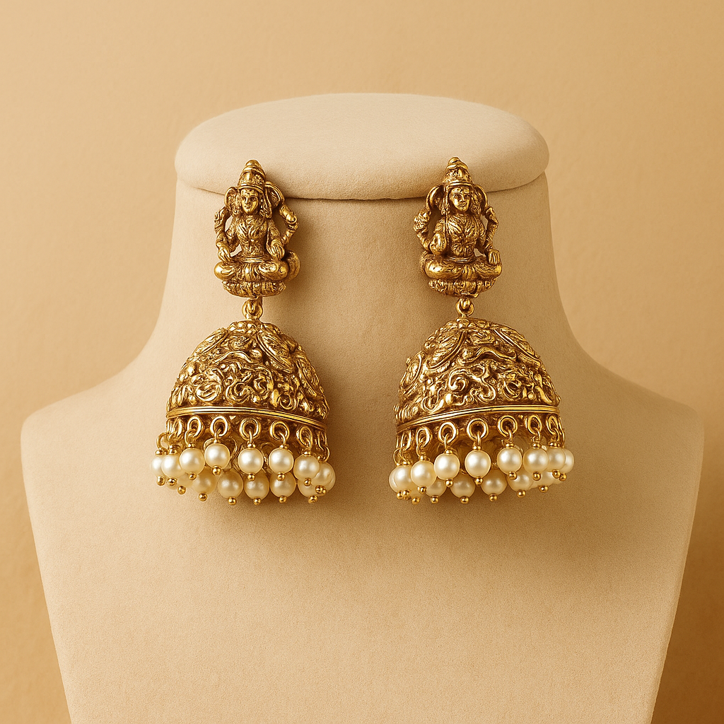 Traditional Gold-Plated Jhumka Earrings with Pearl Beads, Antique Finish