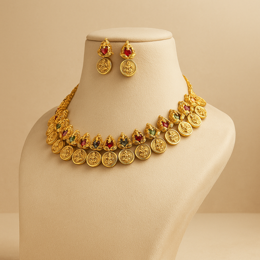 Traditional Temple Coin Necklace Set with Earrings, Gold-Plated, Ruby and Emerald Accents