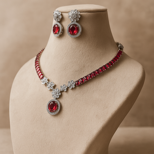 American Diamond Necklace Set with Ruby Red Stones