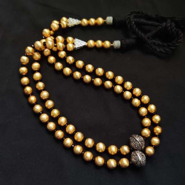 2 strand gold Brushed beads necklace with german silver spacers