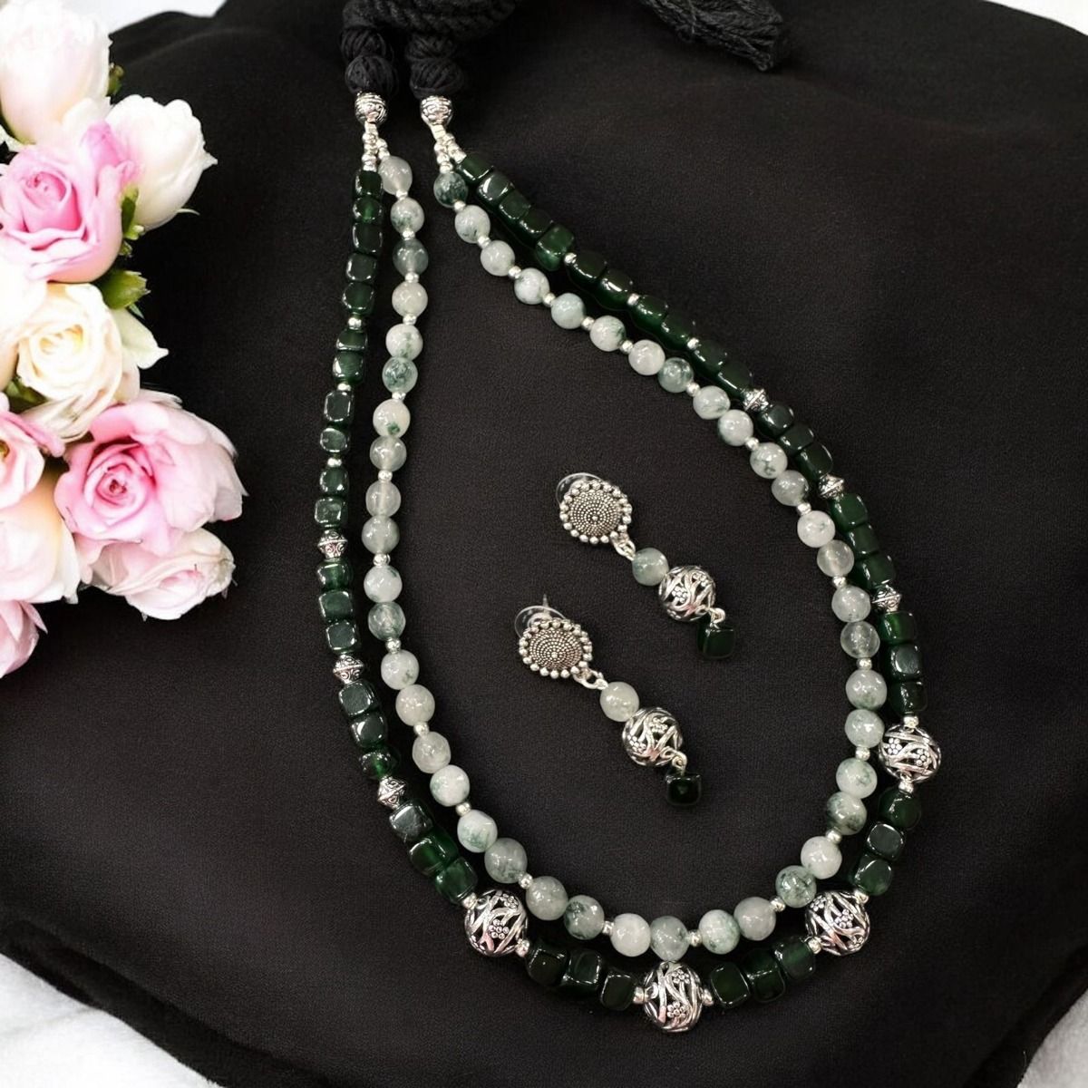 Square agates in Green with light green onyx and German silver spacers Necklace with Earrings