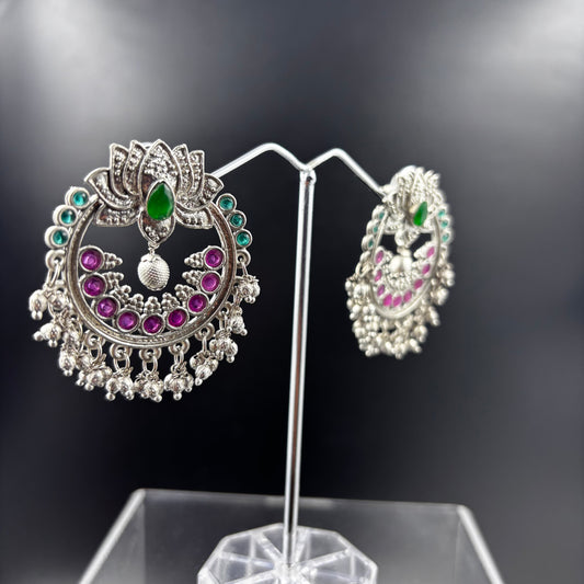 raditional Indian Matte Silver Oxidised CZ, Crystal Studded Peacock Chand Bali Earring For Women