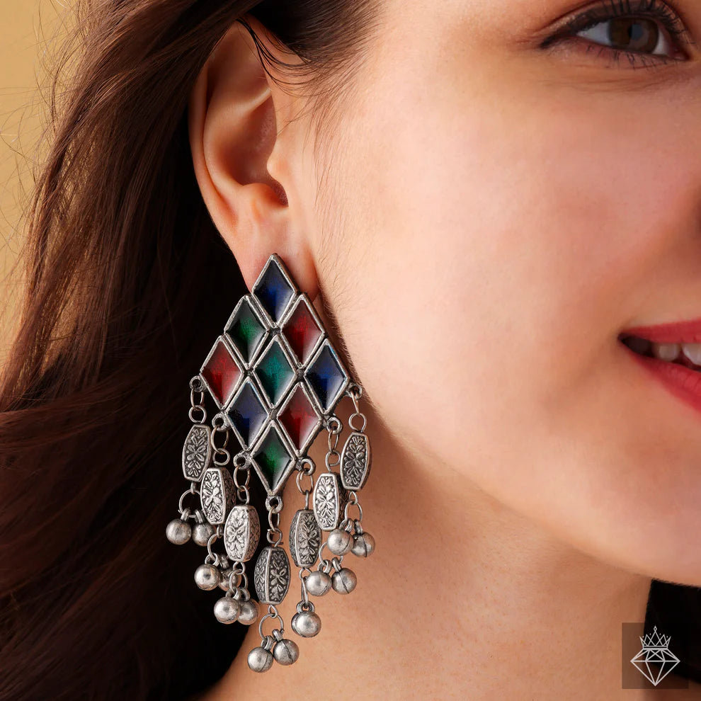 Artisanal Diamond-Patterned Enamel Earrings