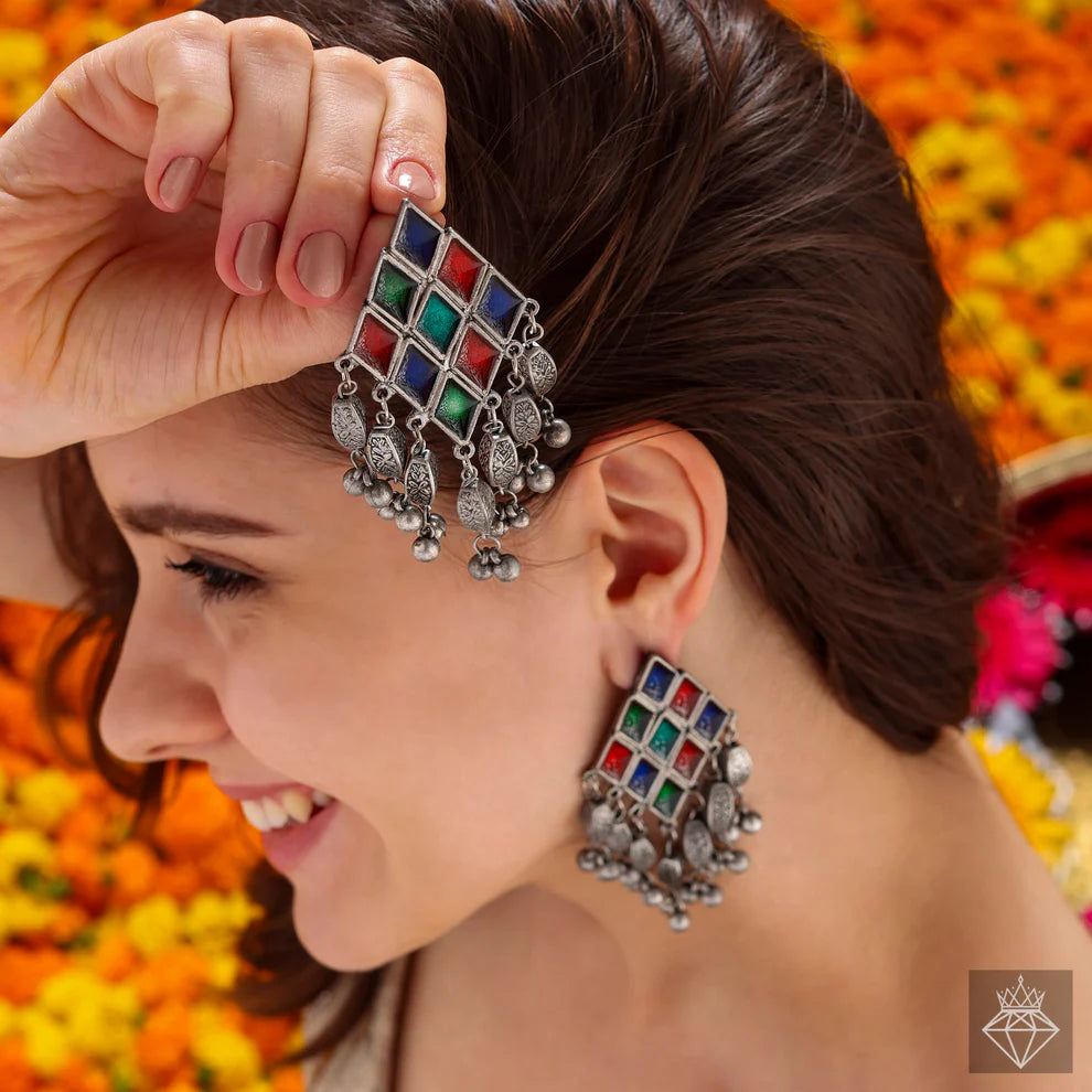 Artisanal Diamond-Patterned Enamel Earrings
