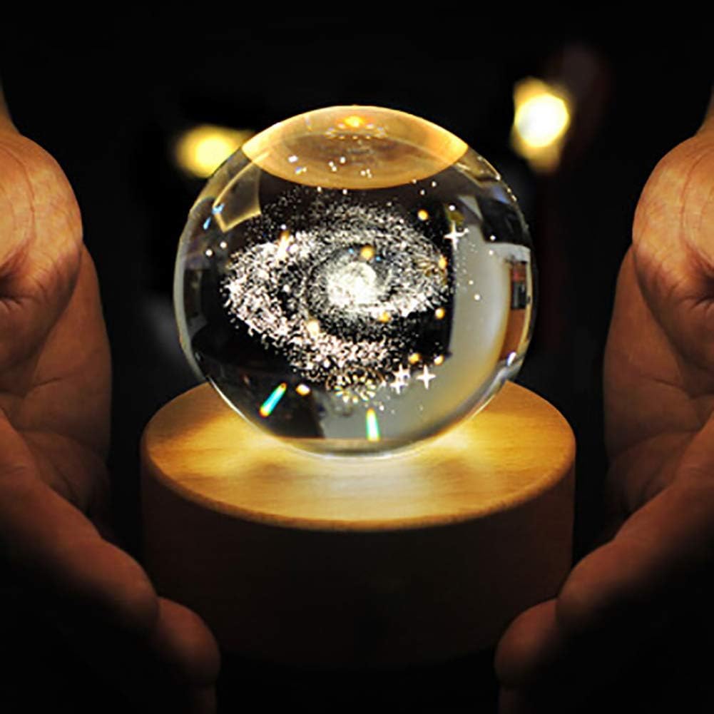 Galaxy 3D Crystal Ball Night Light with Wooden Base - LED USB Table Lamp