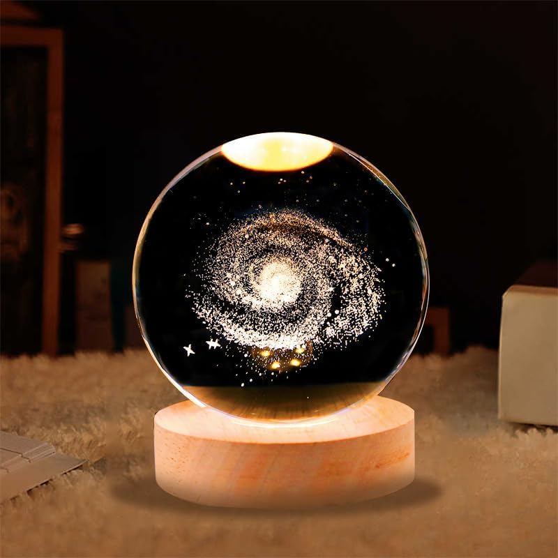 Galaxy 3D Crystal Ball Night Light with Wooden Base - LED USB Table Lamp