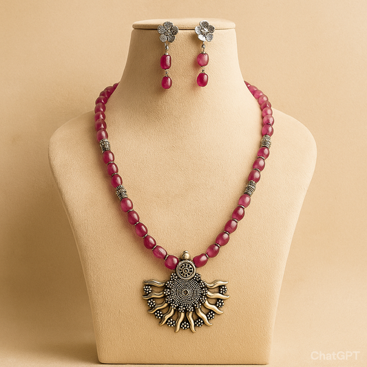 Pearlish Metallic Finish Glass Beads Necklace With Oxidised Silver Pendant