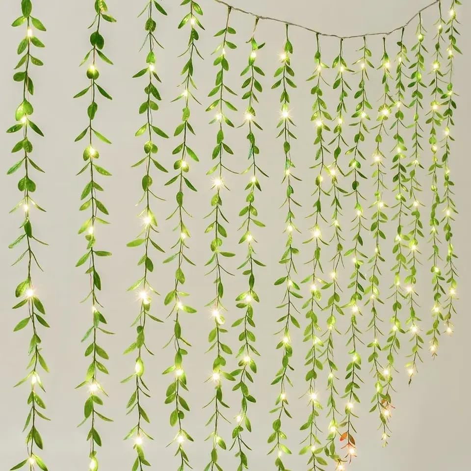 Artificial Leaf Curtain Led String Light,200 LEDs,8 Modes,Remote Control,Adjustable Brightness,Ac Plug - for Home (Warm White,3X2 Meter) - Copper