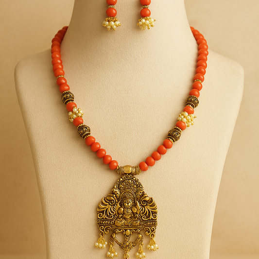 Crystals with oxidised gold pendant Necklace with earrings Sindoor Orange
