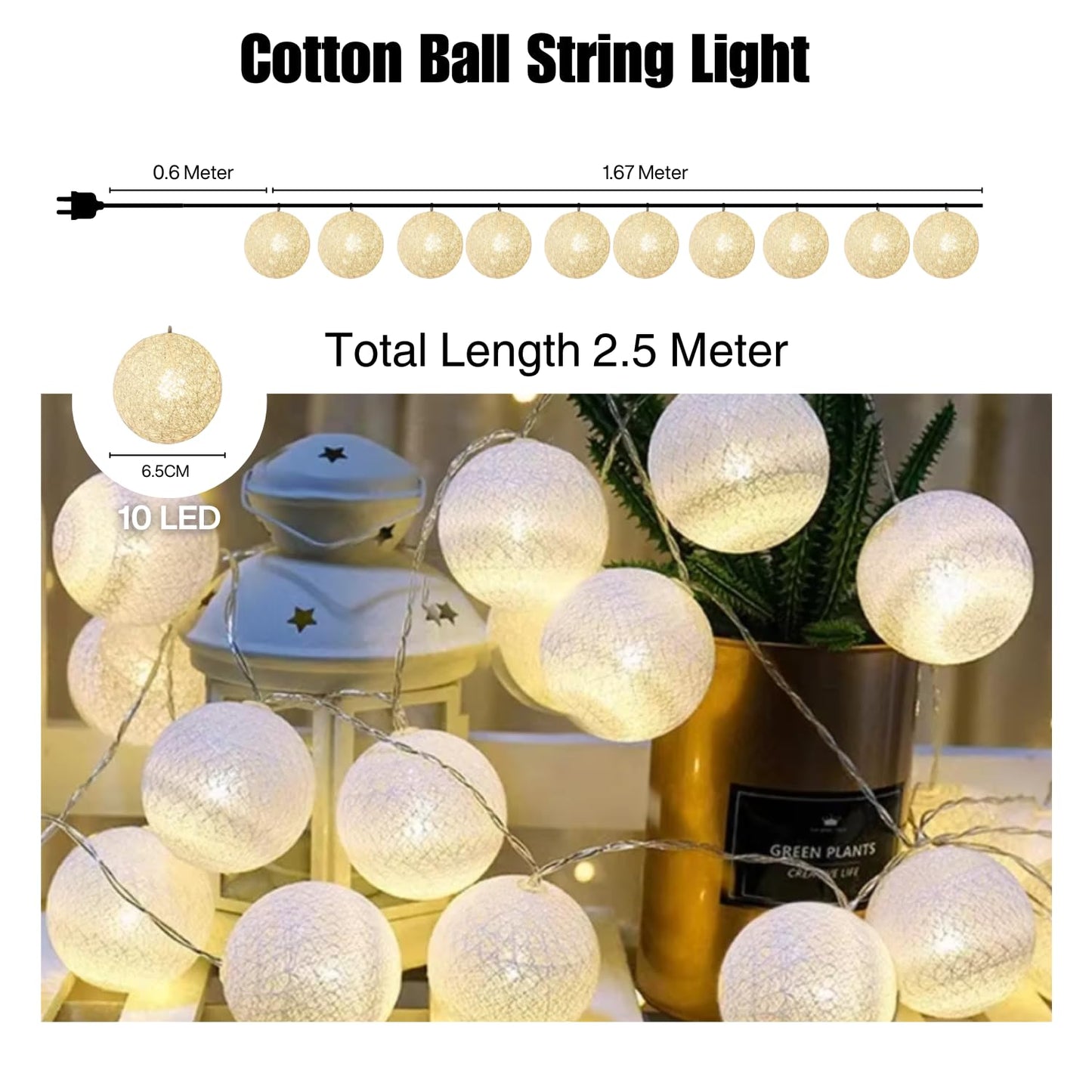 Cotton Ball LED String Light 10 LED 3 Meter Warm White Fairy String Light for Indoor Outdoor Diwali Decoration Light Plug-in (Warm White)