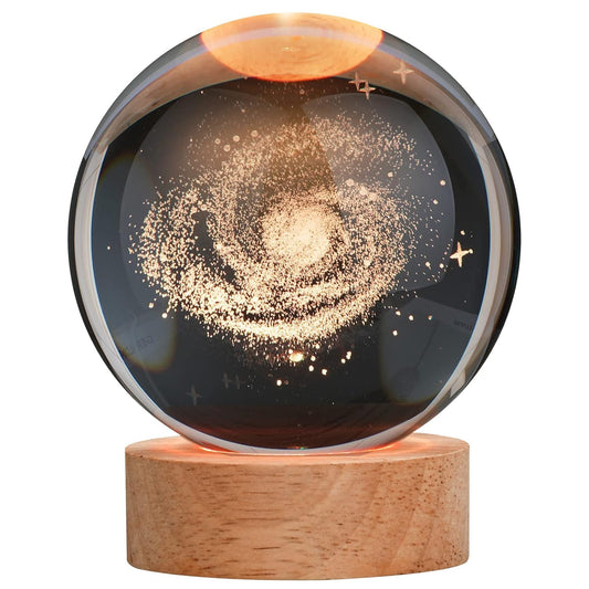 Galaxy 3D Crystal Ball Night Light with Wooden Base - LED USB Table Lamp