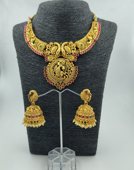Traditional Gold-Plated Temple Jewellery Set with Jhumka Earrings