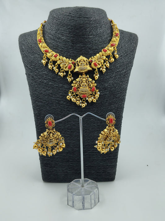 Traditional Temple Jewellery Set, Antique Gold-Plated Necklace and Earrings with Red Stones and Pearl Drops
