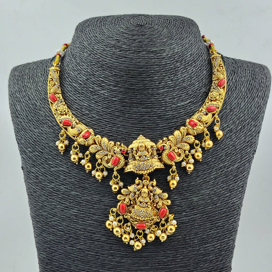 Traditional Temple Jewellery Set, Antique Gold-Plated Necklace and Earrings with Red Stones and Pearl Drops