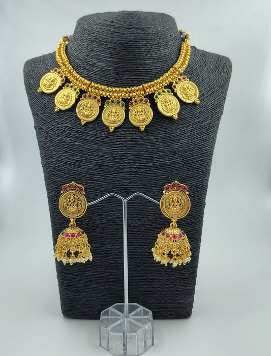 Traditional Temple Jewellery Set with Gold-Plated Lakshmi Coin Necklace and Pearl Jhumka Earrings, Antique Finish