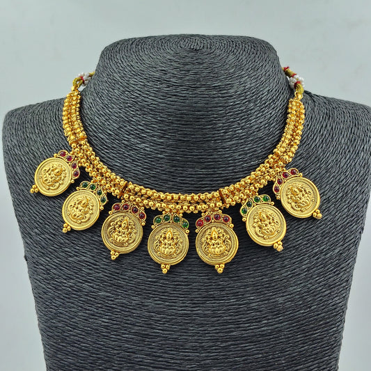 Traditional Temple Jewellery Set with Gold-Plated Lakshmi Coin Necklace and Pearl Jhumka Earrings, Antique Finish