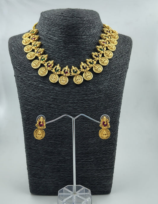 Traditional Temple Coin Necklace Set with Earrings, Gold-Plated, Ruby and Emerald Accents