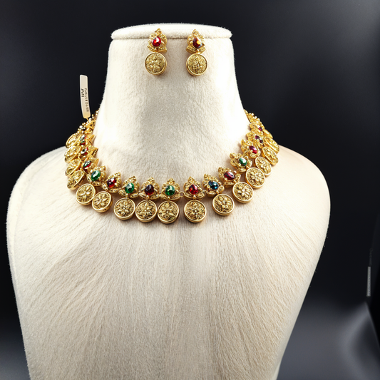 Traditional Temple Coin Necklace Set with Earrings, Gold-Plated, Ruby and Emerald Accents