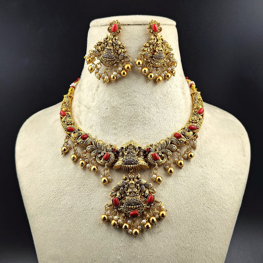Traditional Temple Jewellery Set, Antique Gold-Plated Necklace and Earrings with Red Stones and Pearl Drops