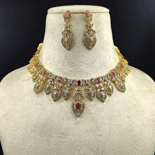 Elegant Gold-Plated Necklace Set with Ruby Stones, Traditional Drop Earrings, Leaf Pattern Design