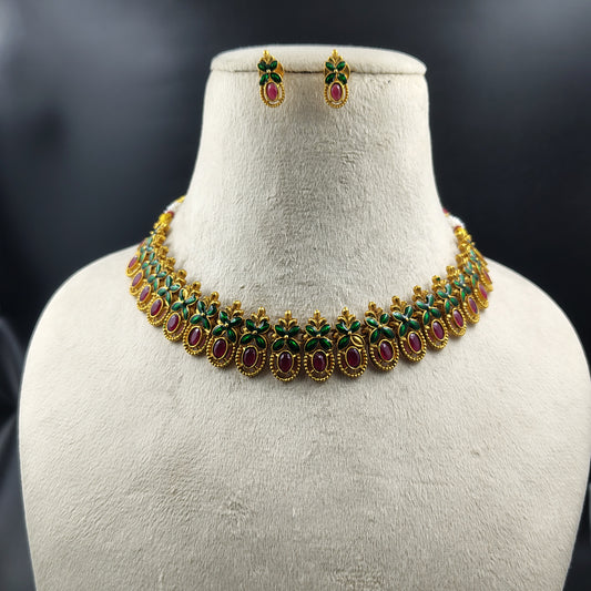 Traditional Gold-Plated Necklace Set with Green Enamel Flowers and Ruby Stones