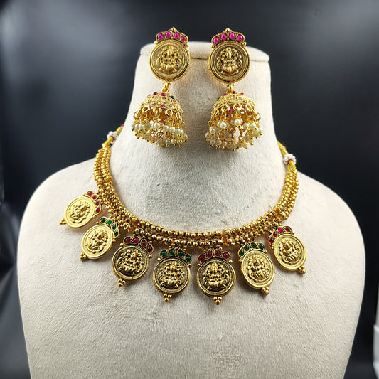 Traditional Temple Jewellery Set with Gold-Plated Lakshmi Coin Necklace and Pearl Jhumka Earrings, Antique Finish