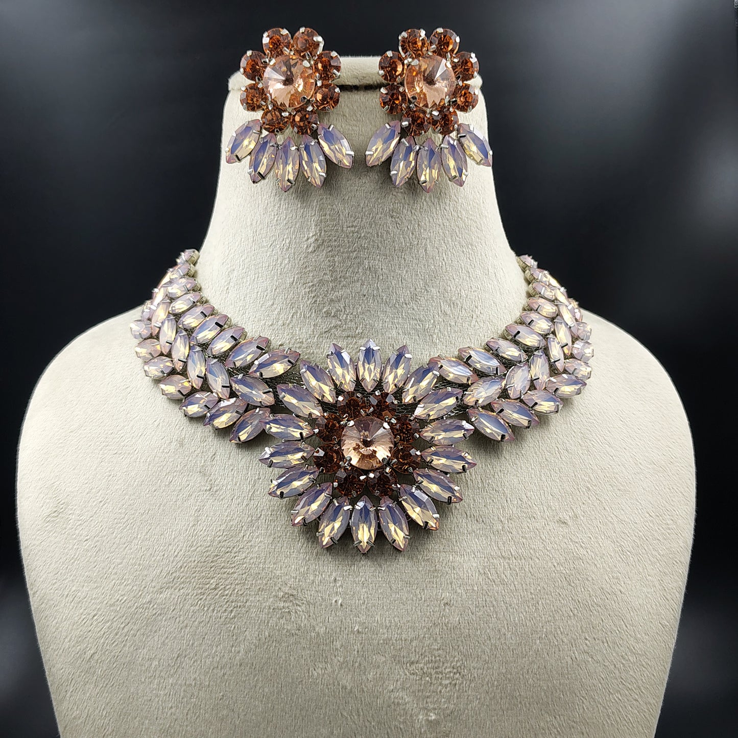 Crystal Statement Necklace and Earring Set, Floral Design, Blue and Clear Rhinestones, Vintage Style