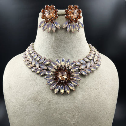 Crystal Statement Necklace and Earring Set, Floral Design, Blue and Clear Rhinestones, Vintage Style