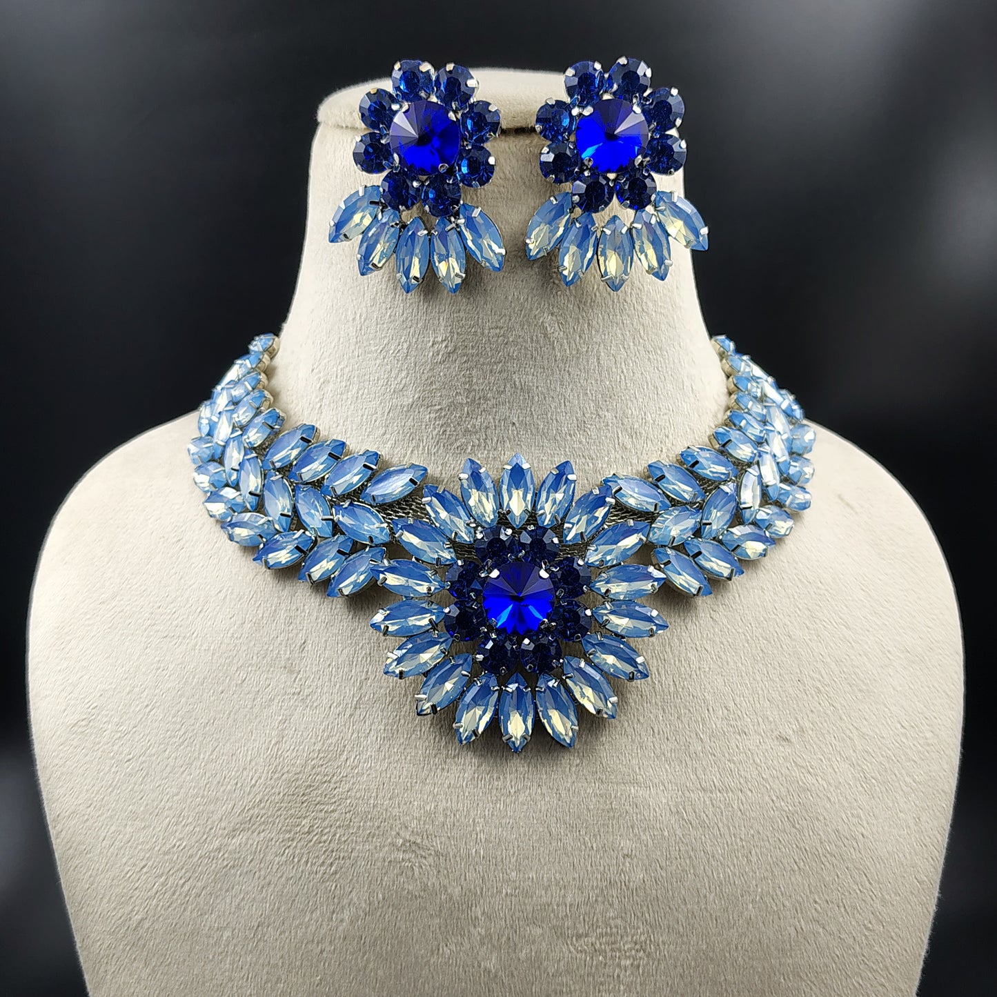 Crystal Statement Necklace and Earring Set, Floral Design, Blue and Clear Rhinestones, Vintage Style