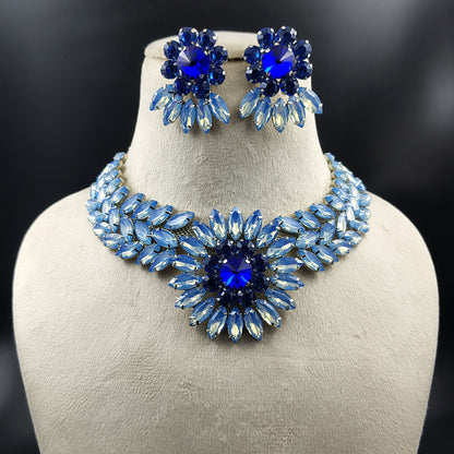 Crystal Statement Necklace and Earring Set, Floral Design, Blue and Clear Rhinestones, Vintage Style