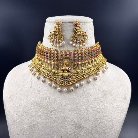 Traditional Gold-Plated Choker Necklace Set with Pearl Drops