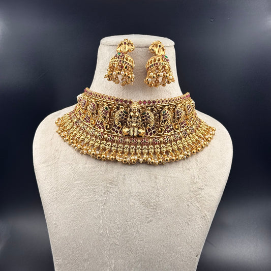 Traditional Gold-Plated Temple Choker Necklace Set with Jhumka Earrings