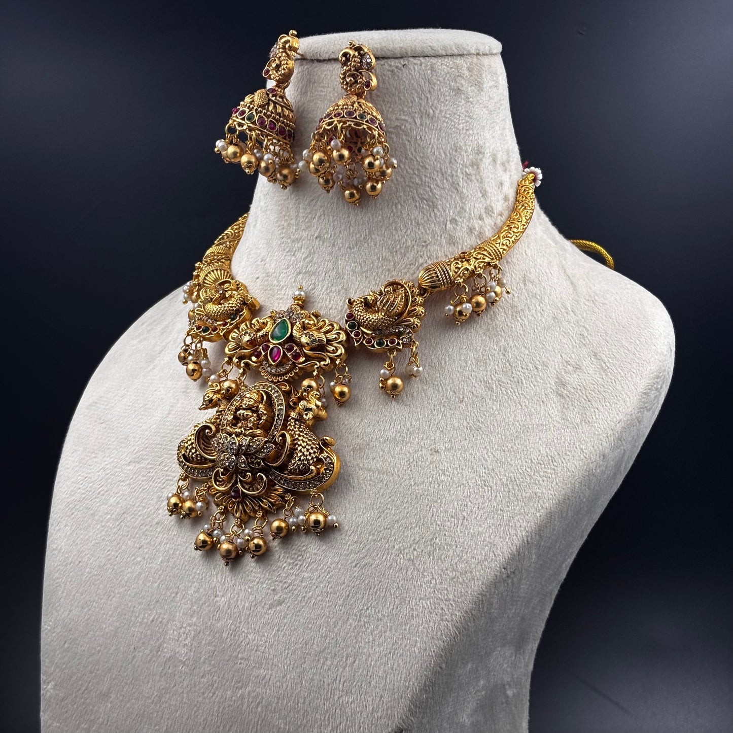Traditional Gold-Plated Temple Jewellery Set with Jhumka Earrings, Antique Finish Necklace with Pearl Beads and Ruby Stones
