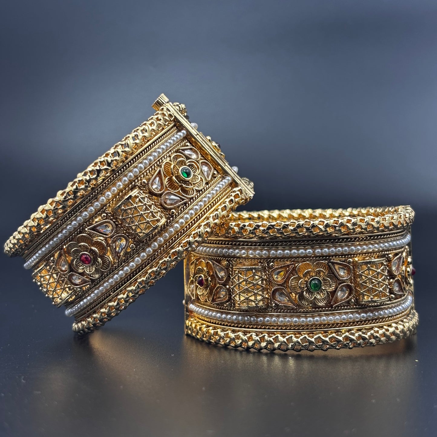 Traditional Gold-Plated Pearl Bangles with Floral Design, Green and Red Stones, Set of 2 size 2 6