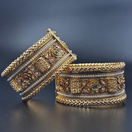 Traditional Gold-Plated Pearl Bangles with Floral Design, Green and Red Stones, Set of 2 size 2 6