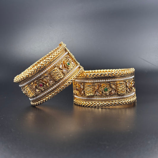 Traditional Gold-Plated Pearl Bangles with Floral Design, Green and Red Stones, Set of 2 size 2 6