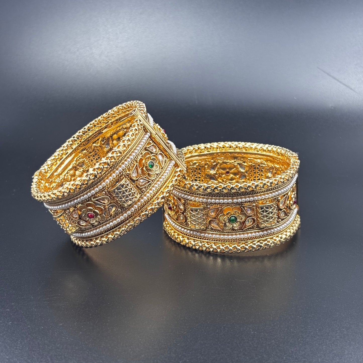Traditional Gold-Plated Pearl Bangles with Floral Design, Green and Red Stones, Set of 2 size 2 6